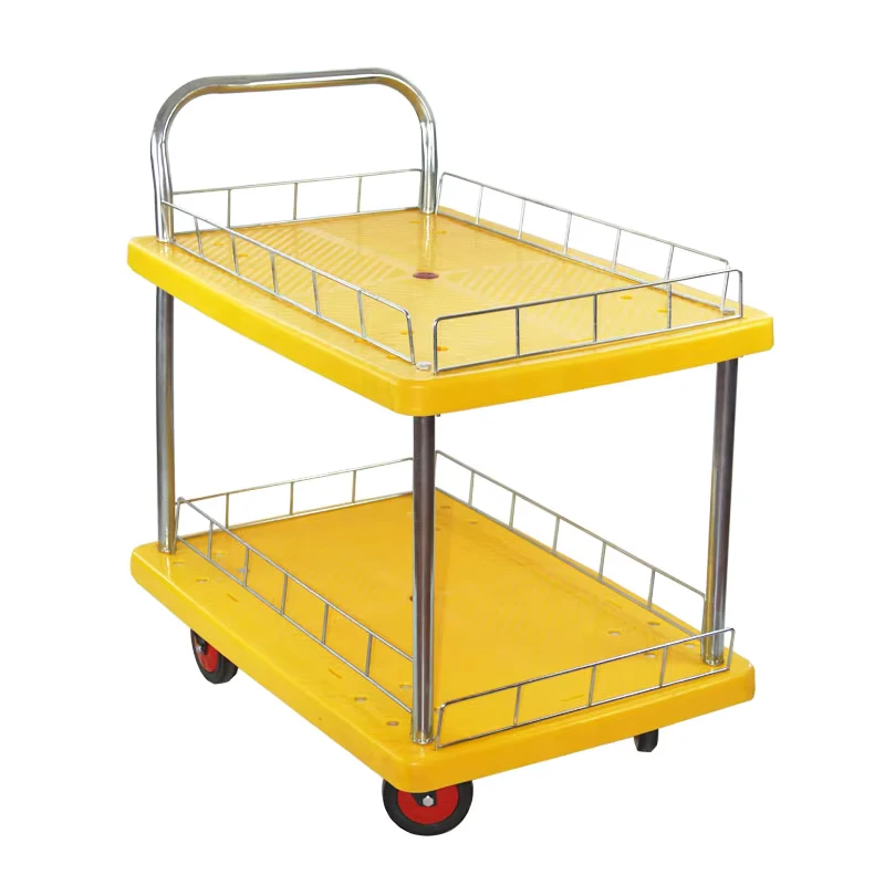 Yellow Silent TPR Casters 2 Tier Platform Trolley Service Hand Cart for Moving Goods